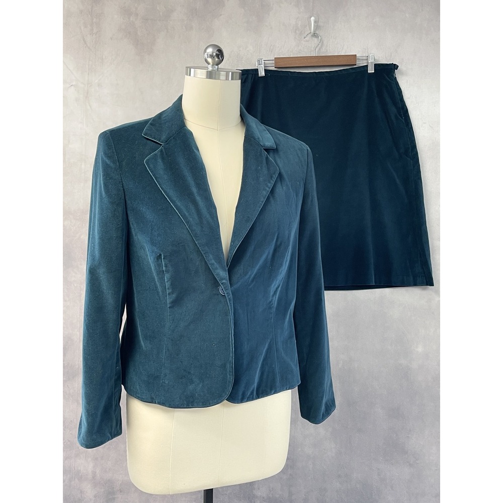 Norton McNaughton Women Velvet Skirt Suit Size 16 Teal Dark Academia 90s Office